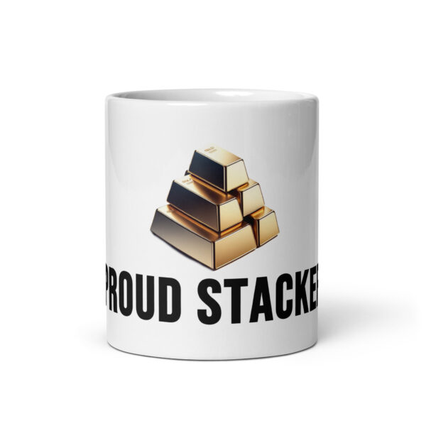 "Proud Stacker" White Glossy Mug With Gold Bars - Image 5